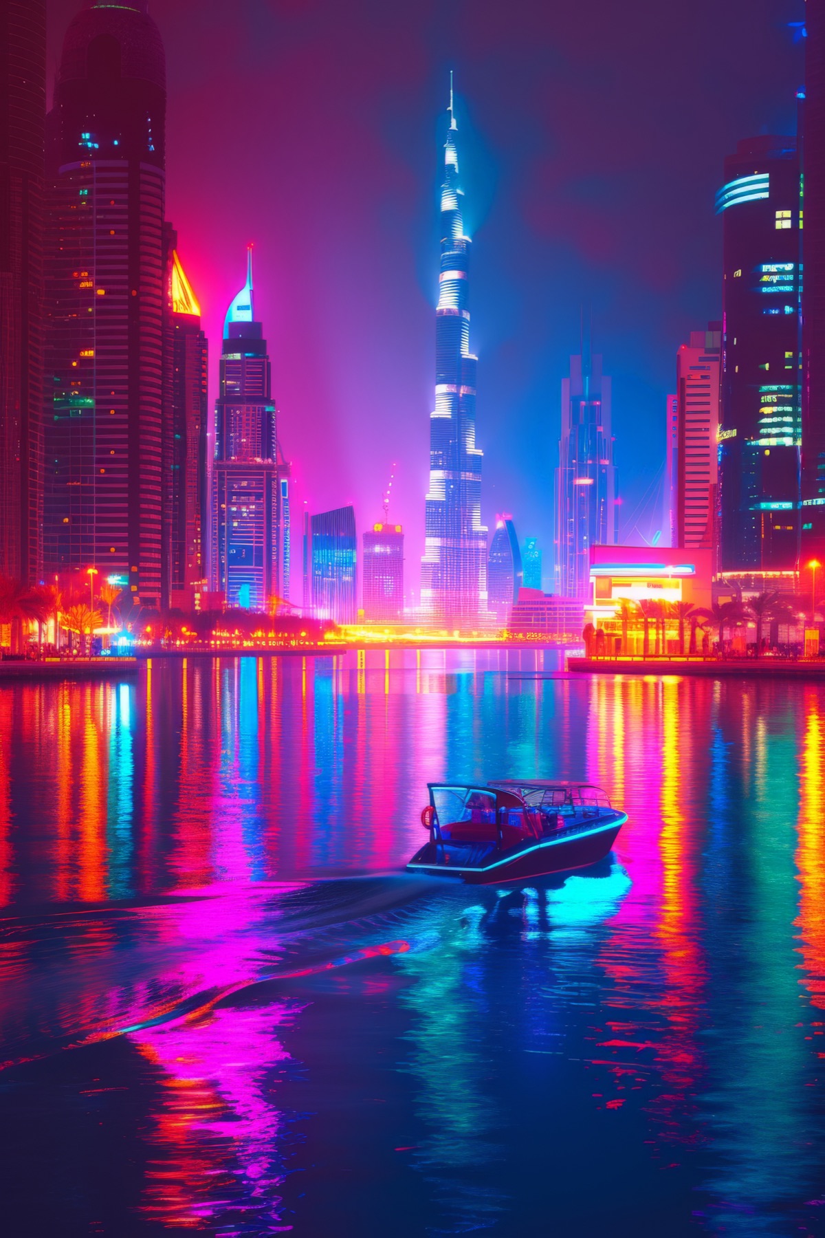 Dubai skyline lit up in neon at night
